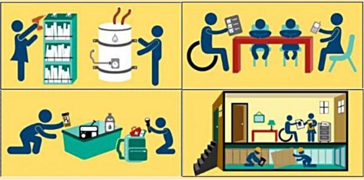 Illustrations showing, clockwise from top left: person securing bookshelf and person securing water heater; family making disaster plan at table with parents holding documents and mobile device; house with residents on top floor handing documents and below, workers retrofitting the house; two family members preparing an emergency kit.