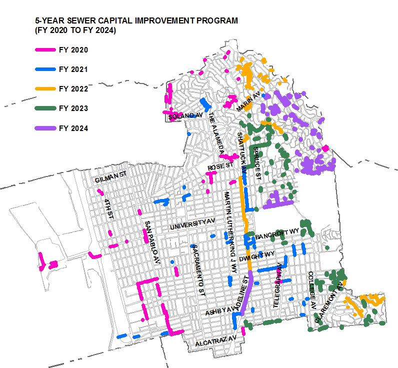 Map showing sewer improvements planned for FY 2020 to 2024