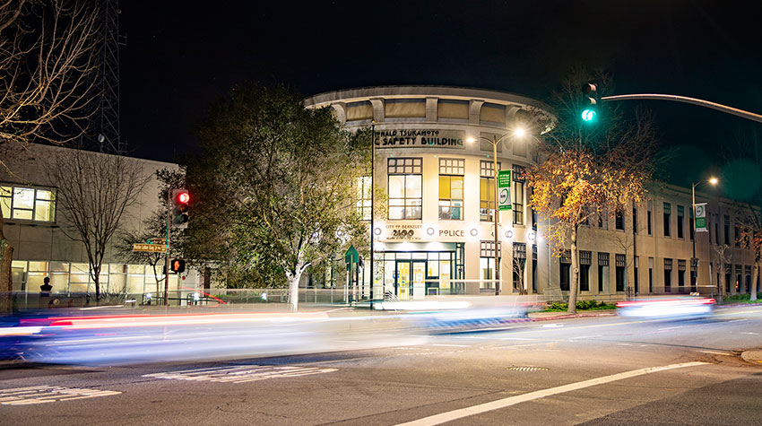 Berkeley Public Safety building at night