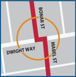 Map showing intersection of Bonar St, Dwight Way, and Mabel St