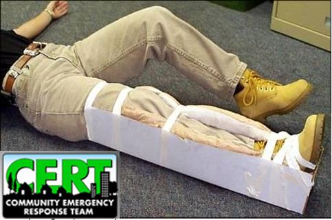 photograph of person lying on ground with leg in splint and "CERT - Community Emergency Response Team" logo in bottom left corner