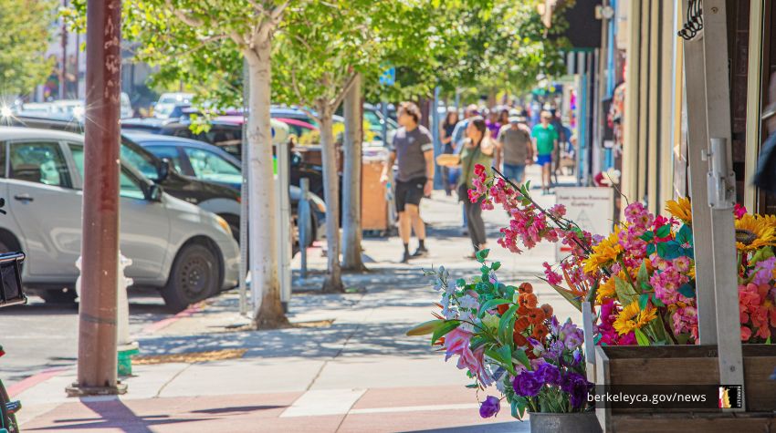 Pedestrians walking on a sidewalk lined by trees and parked cars