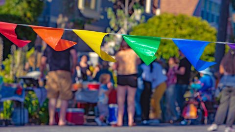 Rainbow colored flags blow in wind in front of a neighborhood gathering.