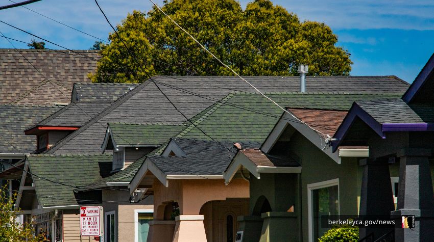 A photo of different roofs at a residential neighborhood