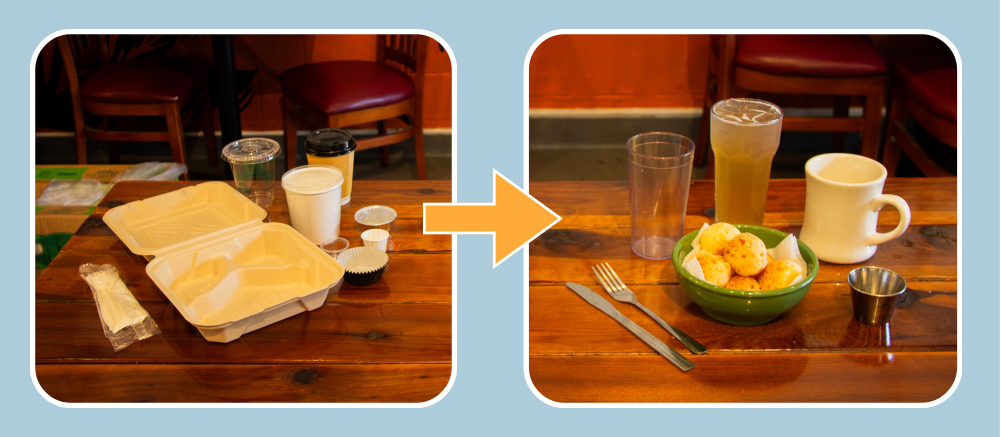 ReThink Disposable Promo Postcard for Reusables Testimonial at Berkeley restaurant 