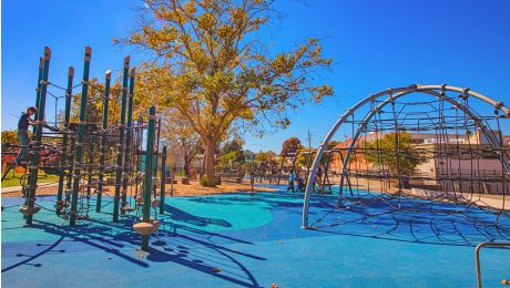Climbing structures and a dome play feature at James Kenney Park sit on a blue rubber surface, with trees and open park space in the background.