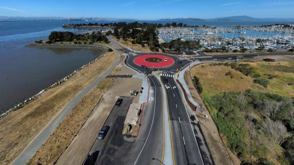 Aerial view of street and roundabout in the Berkeley Marina