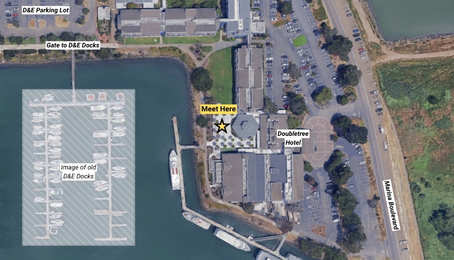 Map that shows the locations of the Doubletree Hotel patio, D and E docks, and D and E parking lot.