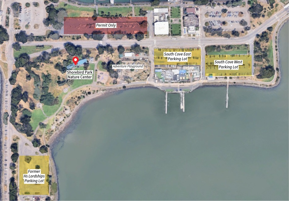 A map that shows the location of parking lots closest to Shorebird Nature Center.