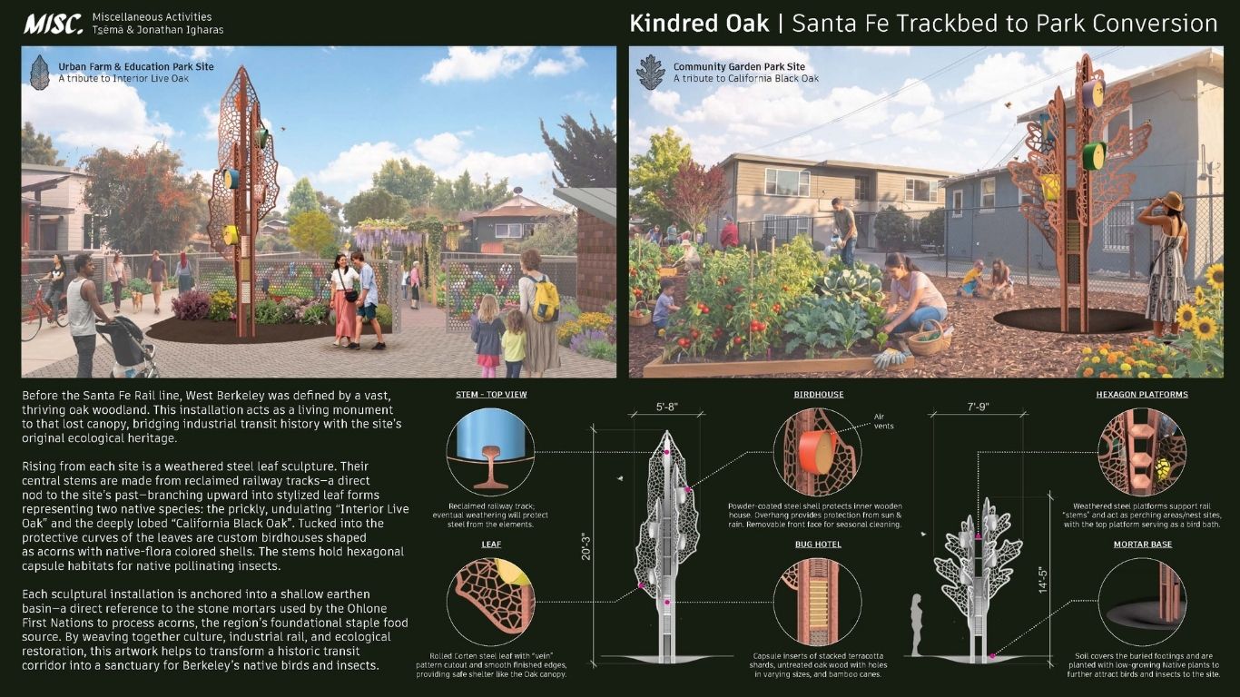 Public art proposal shows two tall, tree-like steel sculptures for the Urban Farm and Education Park and Community Garden Park.