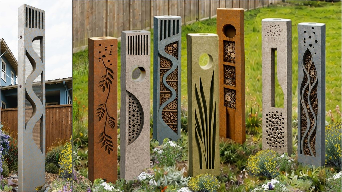 A tall fog-catching habitat structure and seven vertical habitat structures.