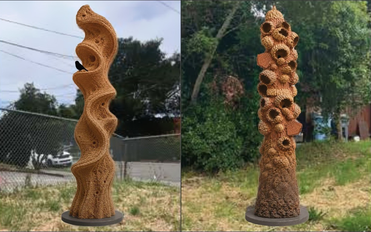 Two tall, sculptural habitat structures made from wood adobe, with nature-inspired forms.