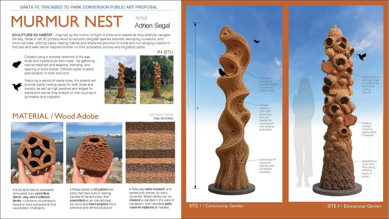 Public art proposal shows two tall, sculptural habitat structures made from wood adobe.