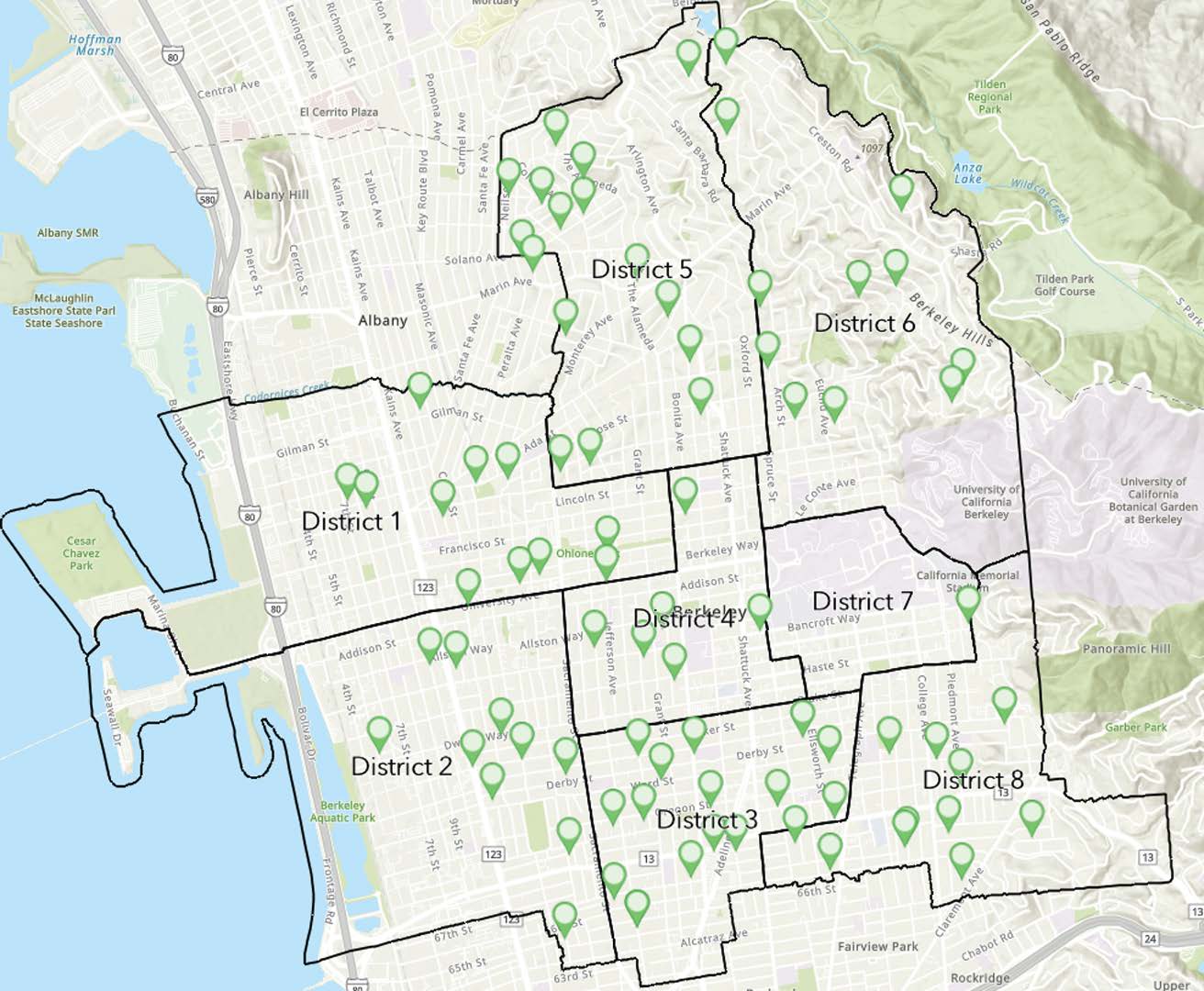 Map with pins indicating event locations. 