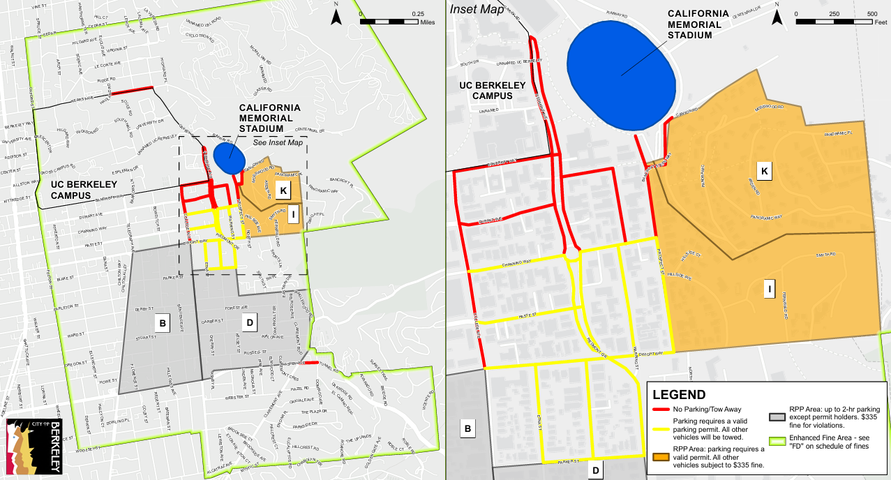 Map showing streets close to Memorial stadium where parking restrictions apply during game days