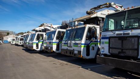 Row of refuse collection trucks