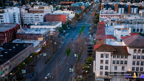 A bird's eye photograph of Shattuck Avenue facing south in Downtown Berkeley