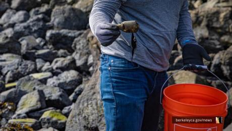 A person holding trash and an orange bucket at the Berkeley Marina