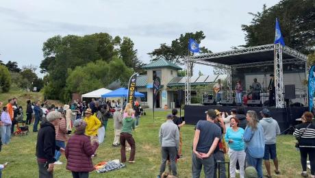 People dancing in a park in front of a live band