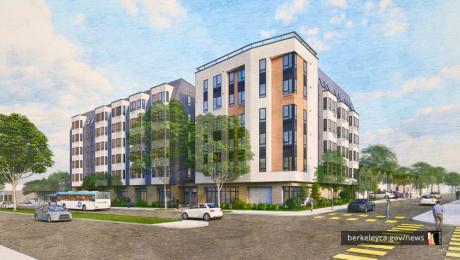 Artist's rendering of a six-story building spanning most of a city block