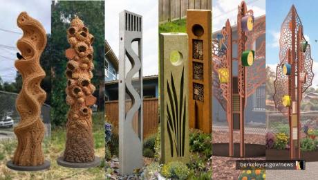 Six proposed vertical public art structures featuring nature-inspired forms, textured surfaces, openings, and built-in habitat spaces for birds and insects.