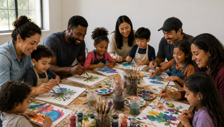 Families of adults and children paint nature-inspired artwork together around a table during a family arts and crafts workshop.
