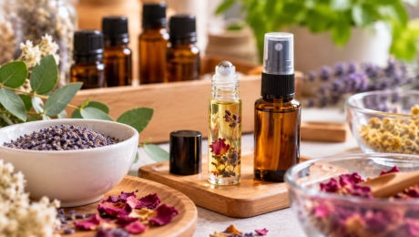 Aromatherapy workshop setup featuring essential oil bottles, a glass rollerball, spray bottle, dried lavender, rose petals, and fresh greenery on a wooden table.
