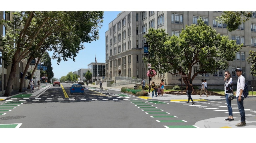 Post-construction artist's rendering of Milvia Street at Center Street (facing south)