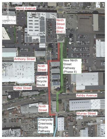 Project Area.  The Ninth Street Bicycle Boulevard Pathway Extension Phase II project is shown in green, which will replace the current Class 3 bicycle route shown in red.