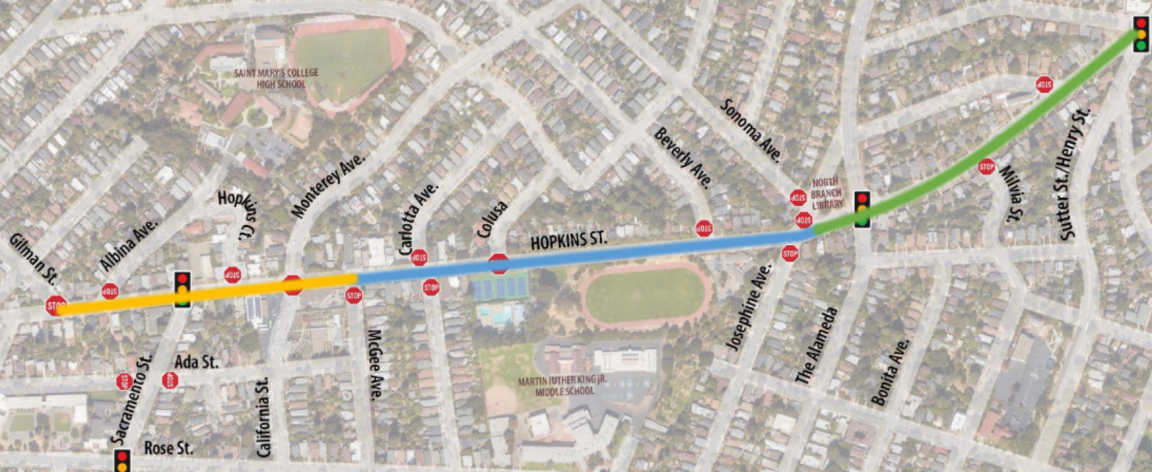 Map showing Hopkins street from Gilman to Sutter/Henry St.