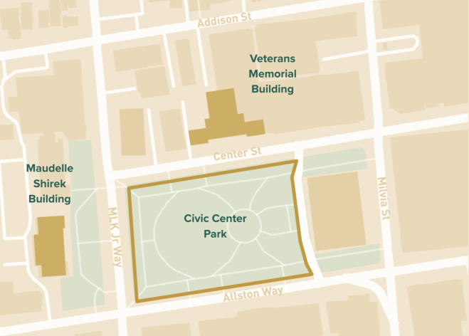 Civic Center Project Area Map: Maudelle Shirek Building, Veterans Memorial Building, and Civic Center Park