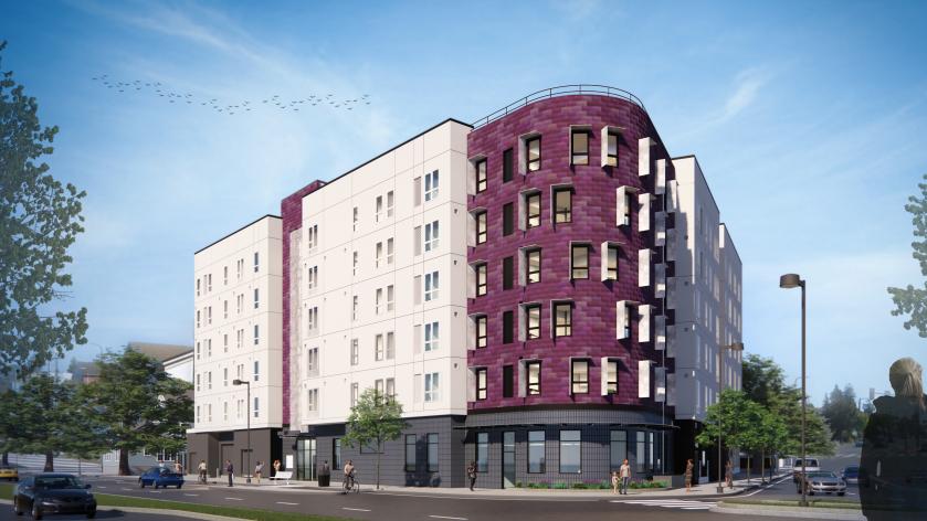 Rendering of Maudelle Miller Shirek Community six-story apartment building