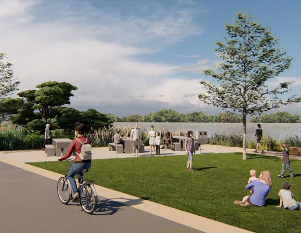 Rendering of lawn and bike path
