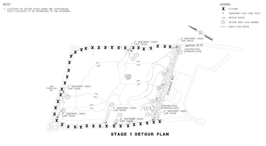 Map of Stage 1 pedestrian detour for Cesar Chavez Pathways
