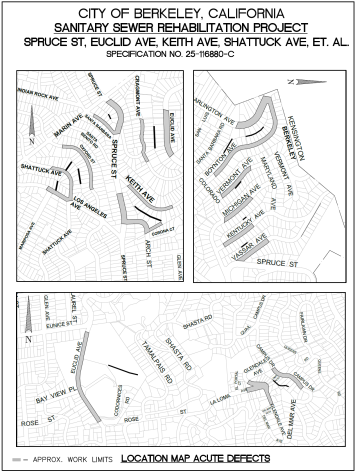 Project map showing locations of sewer rehabilitation, including Spruce St, Euclid Ave, Keith Ave, Shattuck Ave, and others