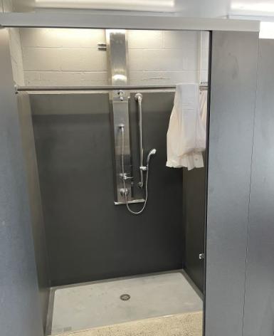 Newly renovated showers in Corporation Yard bathrooms in the Green building
