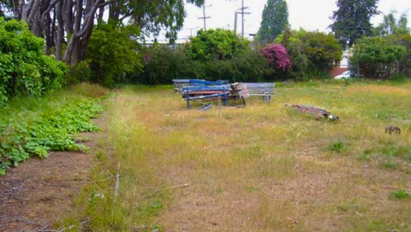 Vacant lot on Allston Way with patchy grass and weathered debris.