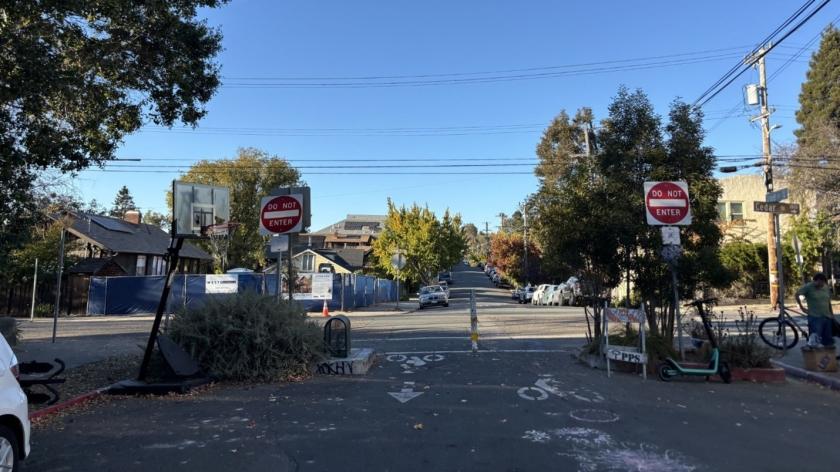 Traffic diverters on Grant Street at Cedar Street (oriented north)