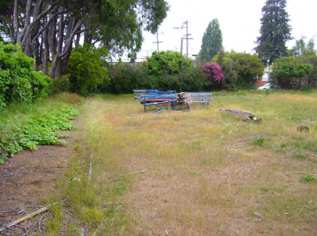 Vacant lot on Allston Way with patchy grass and weathered debris.